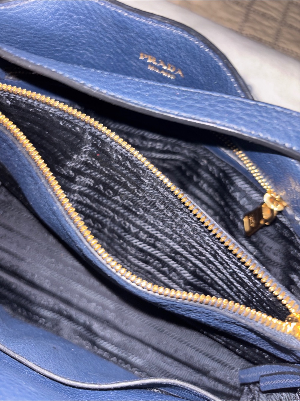 Prada Navy Leather Tote with Gold Logo Detail - Picture 3 of 10